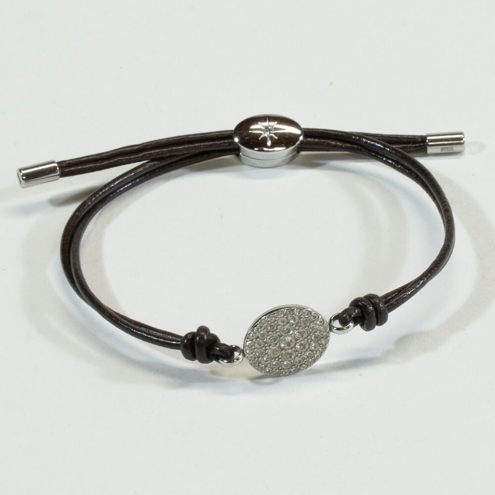 Fossil Adjustable Silver Disc Bracelet with CZ Stones & Brown Leather